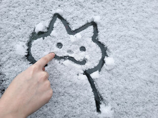 A cat drawn on the snow with a finger. A funny cat drawing on the snow.