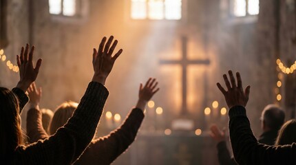 People raising hands in worship inside a church with a cross and warm light
