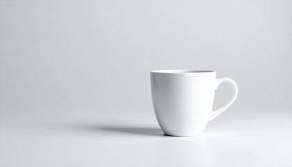 Obraz premium Eine weiße Kaffeetasse steht allein auf einem grauen, neutralen Hintergrund.