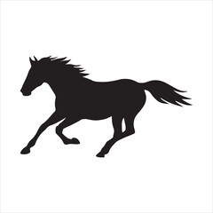 Elegant black horse silhouette running across a white backdrop showcasing movement speed and the powerful animal nature of equines in a minimalist style