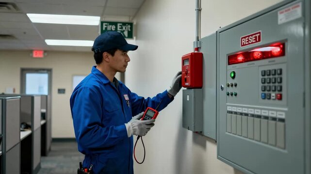 Fire alarm panel technician tests and resets alert signals to ensure rapid flame detection response in office environment