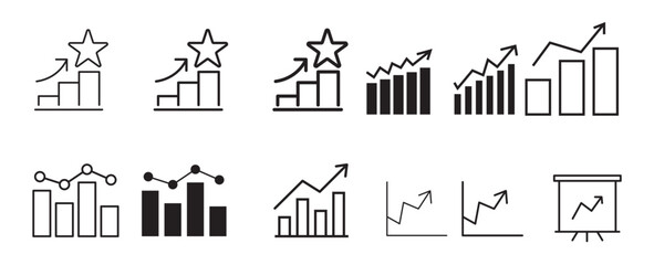 Line graphs bar charts and statistical icons representing growth and data analysis