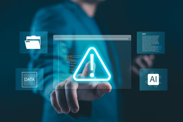 Cybersecurity warning concept with a professional touching a virtual alert icon, digital data interface, AI security system, and code background, symbolizing cyber risk prevention, data protection,