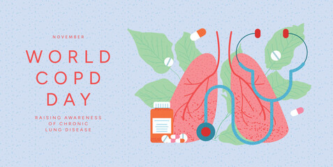 World COPD Day Poster with Lungs, Stethoscope, Medicine Bottle, Pills and Capsules, Leaves. Healthcare Awareness for clinic, social media, print. Flat Vector Illustration.