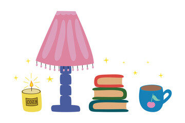 A cozy evening reading: a stack of books, a mug of coffee, a lit candle, and a table lamp. Hand-drawn vector illustration.
