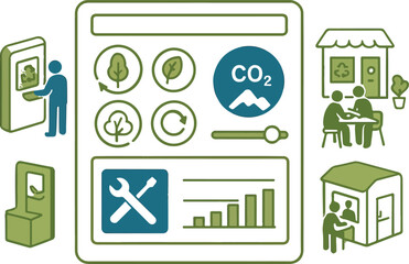 Eco Product Design Board with Lifecycle CO₂ & Trade-In Options &mdash; Isometric Vector