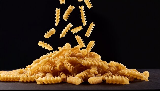 spiral pasta falling on a pile of pasta against a black background