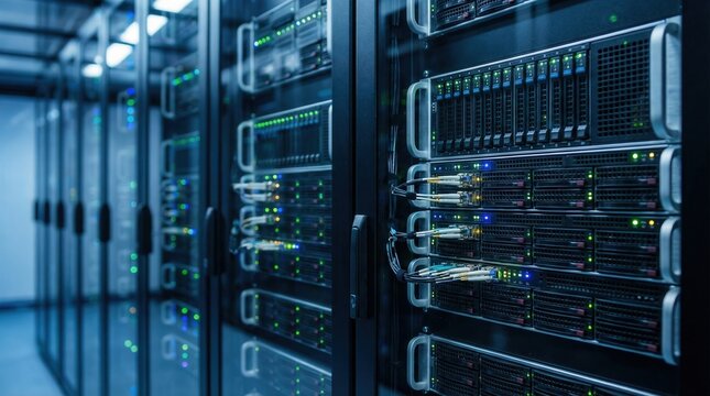 Rows of server racks with blinking lights in a modern data center