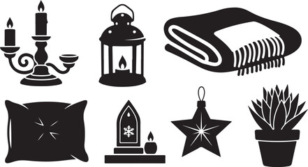 Cozy home decor icons for winter hygge