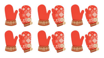 Winter mittens set icon, red knitted gloves collection, seasonal handwear, png file, isolated on white