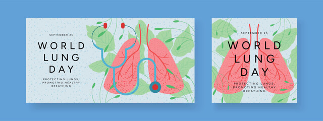 Naklejka premium World Lung Day posters set with Lungs, Stethoscope and leafy background. Healthcare Awareness design for clinic, social media and print, flat Vector Illustration.