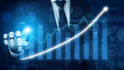 A businessman in a suit interacts with a digital interface showcasing a growing financial graph, symbolizing business progress, data analysis, and strategic investment. Copula