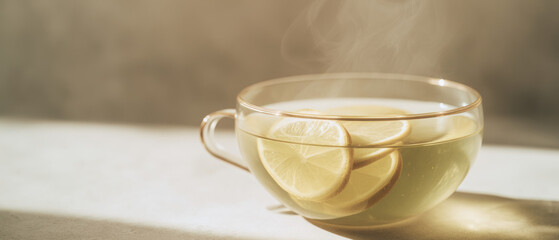 Transparent glass teacup filled with hot tea with ginger and lemon.