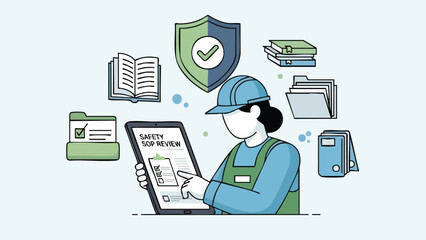 Workplace safety compliance officer reviewing digital safety standards document on tablet computer in modern office with icons representing