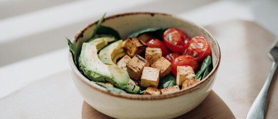Fresh vegetable salad with tofu cubes, tomatoes, cucumbers, and lettuce in a bowl.