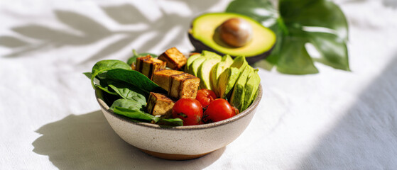 Fresh vegan salad bowl with sliced avocado, cherry tomatoes, cucumber, lettuce and tofu on a wooden table.