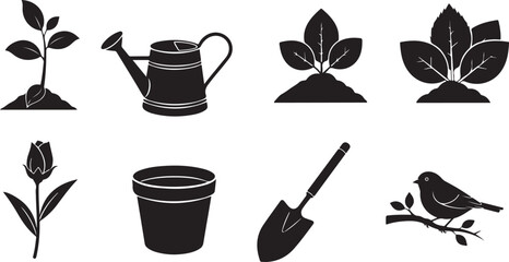 Gardening icons set black silhouette vector art