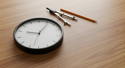 A circular clock and drafting tools on a wooden desk representing precision and time management for a Pi Day concept