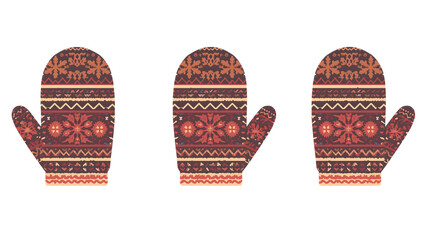 Winter mittens icon, knitted patterned gloves, warm seasonal handwear, png file, isolated on white