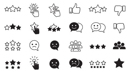 Review & Feedback Icon Vector Set – Star Ratings, Testimonials, Like & Thumb Up Symbols, Positive Customer Survey Icons for Business, App, and Website