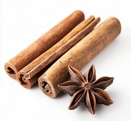 Cinnamon sticks and star anise isolated on a clean white background.