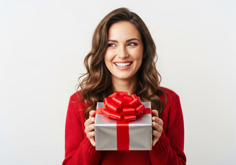 Fototapeta premium Happy woman in red sweater holding silver gift box with red ribbon, looking side and smiling isolated on white