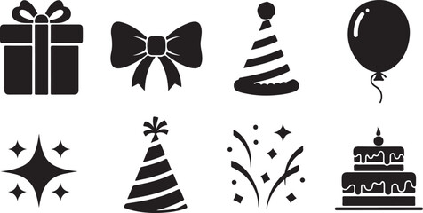 Eight black icons for celebration and parties