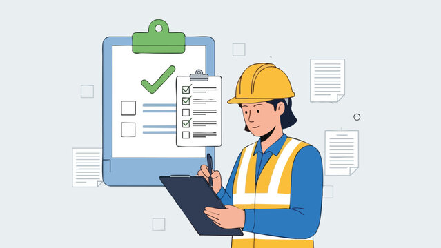 Female construction inspector reviewing task completion checklist on a clean background for project management illustration