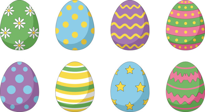 A Colorful Vector Collection of Easter Eggs Decorated with Polka Dots, Stripes, Chevrons, Daisies, and Stars in Bright Green, Blue, Pink, and Purple Hues for Spring Holiday Designs