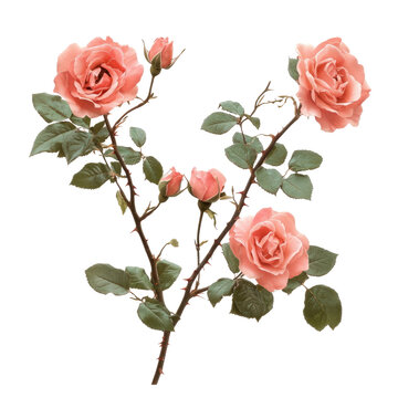 Elegant Pink Roses With Green Leaves On Branches Isolated Against Transparent Background Perfect For Floral Designs Or Decorative Elements