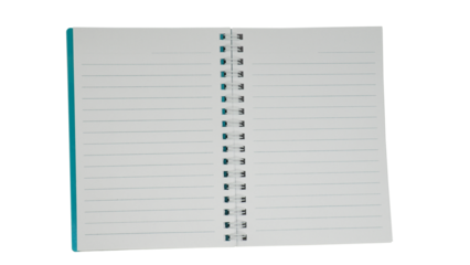 Blank open spiral notebook with lined paper pages isolated on white background