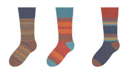 Winter socks icon, striped knitted footwear, cozy cold season clothing, png file, isolated on white