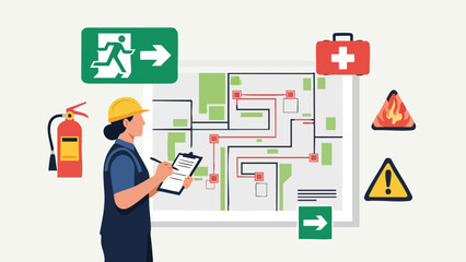 Occupational safety and emergency preparedness illustration depicting a worker reviewing a safety plan with hazard symbols and equipment