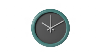 Teal wall clock with gray face and white hands isolated on a transparent background