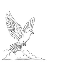 Fototapeta premium Continuous line drawing of a dove flying above clouds in a minimalist style on a white background