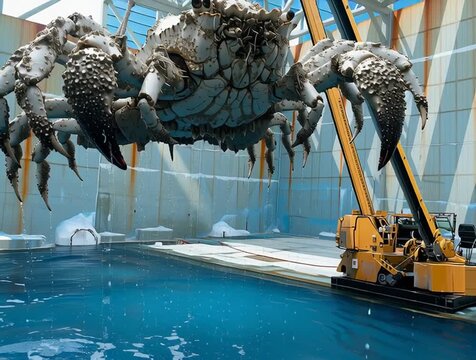 Giant model crab being lowered into the water by crane