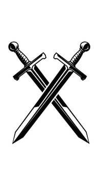 Two crossed swords in black and white with detailed hilts and sharp blades on a white background