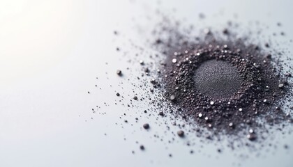 Fototapeta premium Fine black pearl mica powder scattered on white surface. Dark mineral pigment has pearly shimmer and metallic shine. Cosmetic raw material texture closeup for makeup.