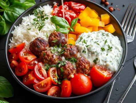 Greek meatball bowl with tzatziki, rice and fresh veggies