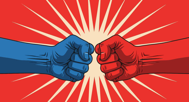 A graphic illustration of two fists one red and one blue facing each other with a burst background