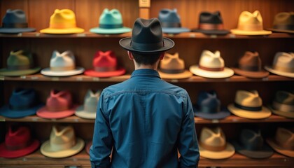 Young man tries on fedora hat in store. Shelves display many colorful hats for sale. Customer selects headwear style, considering fashion options for personal look.