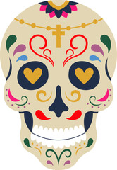 Dia de los Muertos sugar skull with cross and heart eyes