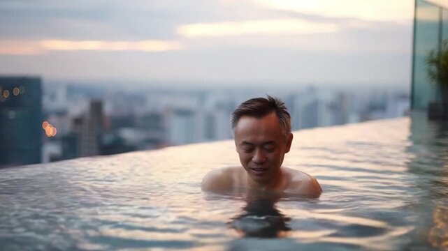 CEO After Work - Asian Real Estate Tycoon Swimming in Rooftop Infinity Pool