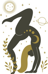 Woman performing yoga pose with celestial and nature elements