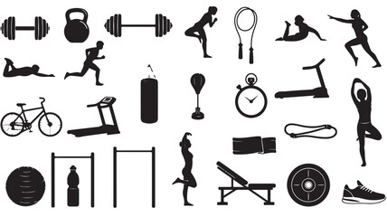 Obraz premium Fitness Icons Silhouettes on White Background