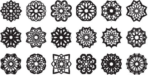 Set of eighteen black mandala design elements