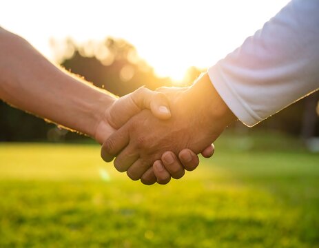 Close-up of two people shaking hands against a bright, sunlit green field. The golden light shines warmly through the space