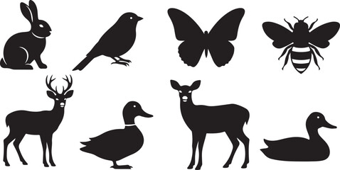Eight black animal silhouettes on white background