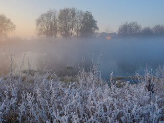 morning fog and frost on the river