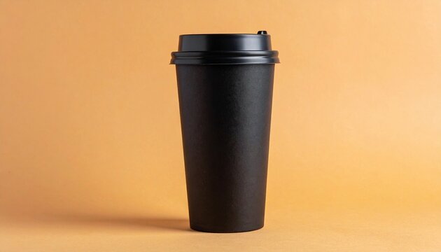 Ein schwarzer Coffee-to-go-Becher mit passendem Deckel steht auf einem warmen, studioartigen Hintergrund